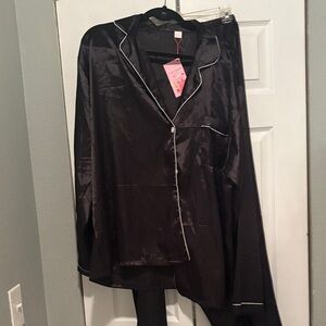 Black Satin Women's Pajama Top - Classic Piped Sleep Shirt with Matching Pants